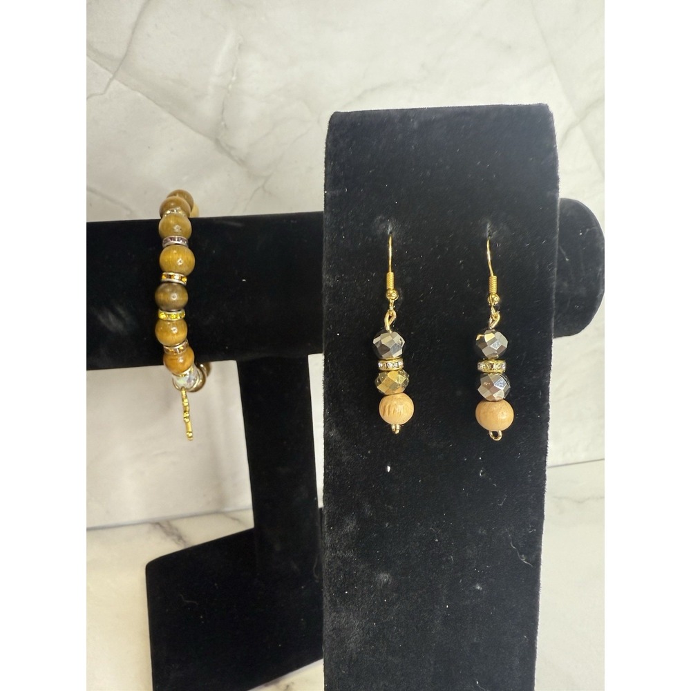 handmade beaded dangle earrings and bracelet set neutral tone beads & gold tones